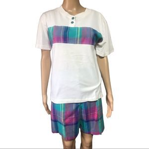 Vintage 90s Jantzen purp & turq plaid shorts set modern size up to Large Womens